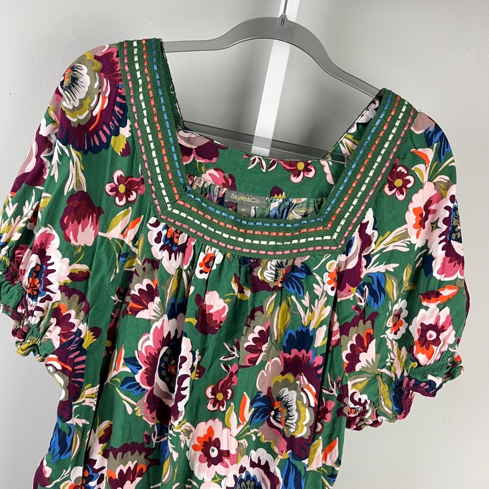 Style & Co Blouse Top Womens XXL Green Multicolor Floral Boho Peasant Casual